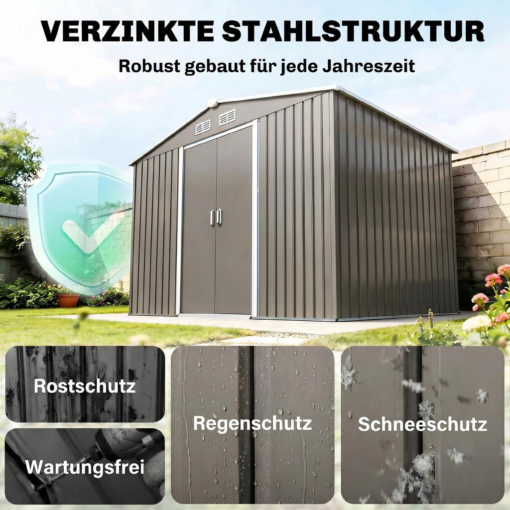 9 x 6FT Outdoor Garden Roofed Metal Storage Shed Tool Box with Foundation Ventilation & Doors Light, Grey