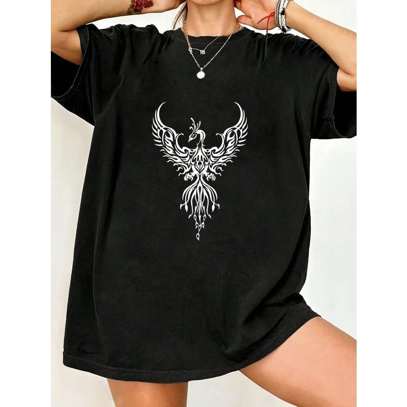 Oversized T Shirt Black Phoenix Graphic Print Casual Streetwear Top For Women Summer Fashion Trendy Loose Fit Tunic Style Top