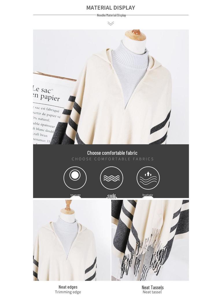 Women's Hooded Cape Shawl: Warm Autumn/Winter Tassel Slit, Two-way Imitation Cashmere Scarf