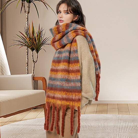 Winter Scarf Cashmere Feel Plush Scarf with Tassel Decoration Thickened Warm Plaid Pattern Winter