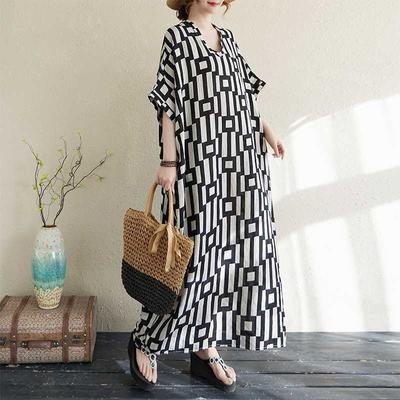 Летнее цветное дорожное платье с V-образным вырезом в стиле ретро, длинная юбка, хлопок-лен