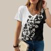 Женская черно-белая футболка с v-образным вырезом и короткими рукавами, свободная футболка с принтом, повседневная рубашка