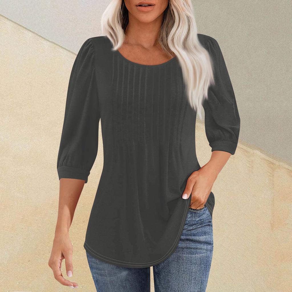 Женская мода плиссированная футболка с круглым вырезом и семью рукавами, повседневный однотонный топ