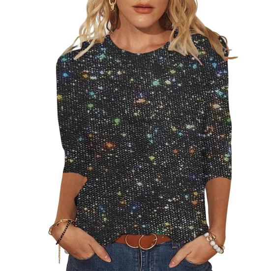 Women T-shirt Crew Neck 3/4 Sleeves Glitter Pullover Tops Shiny Sequins Solid Color Shimmering Blouse