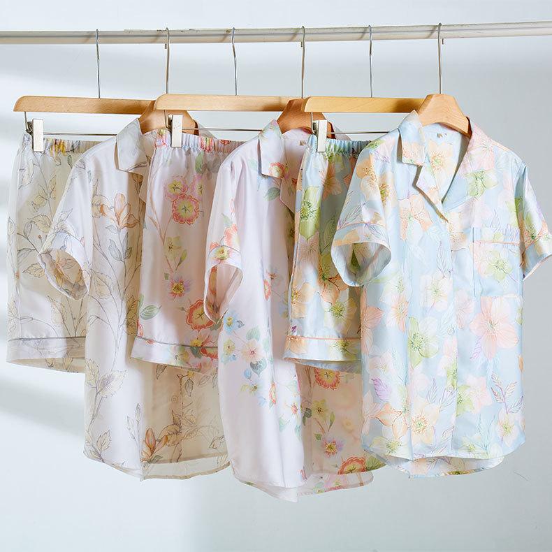Summer Lyocell Tencel lapel short-sleeved pajama set women's flower print loungewear can be worn outside