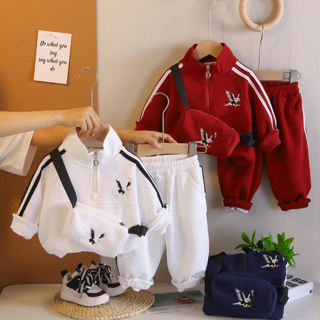 Boys' Trendy Two-Piece Autumn Set: Long Sleeve, Stand-up Collar, Zip-Up Pullover