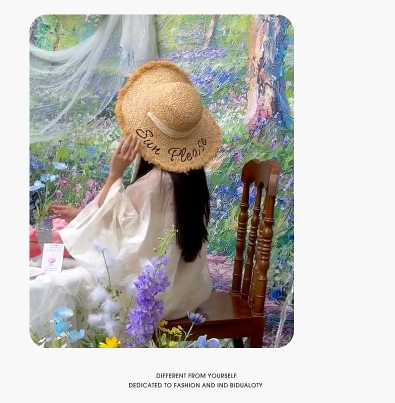 Women's Straw Beach Hat with Frayed Edge and Raffia Tie - Versatile Wide Brim Sun Hat for Summer Seaside Vacations