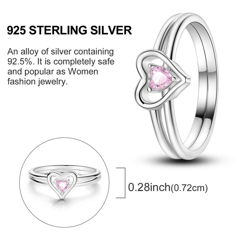 Original Women Silver Rings Sparking Pink Heart Zirconium Ring for Women Girls Engagement Jewelry Anniversary Gift