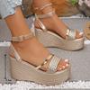 Fashion Pu Leather Weave Wedge Sandals for Women Fashion Gold Chunky Platform Sandals with Ankle Strap Summer Thick Bottom Beach Shoes