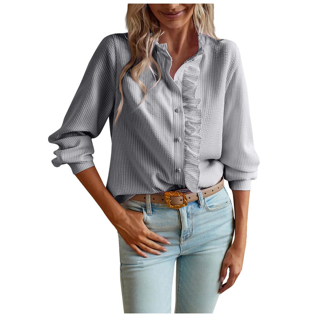 Women's Round Collar Monochrome Button Down Striped Ruffle Long Sleeve Shirt