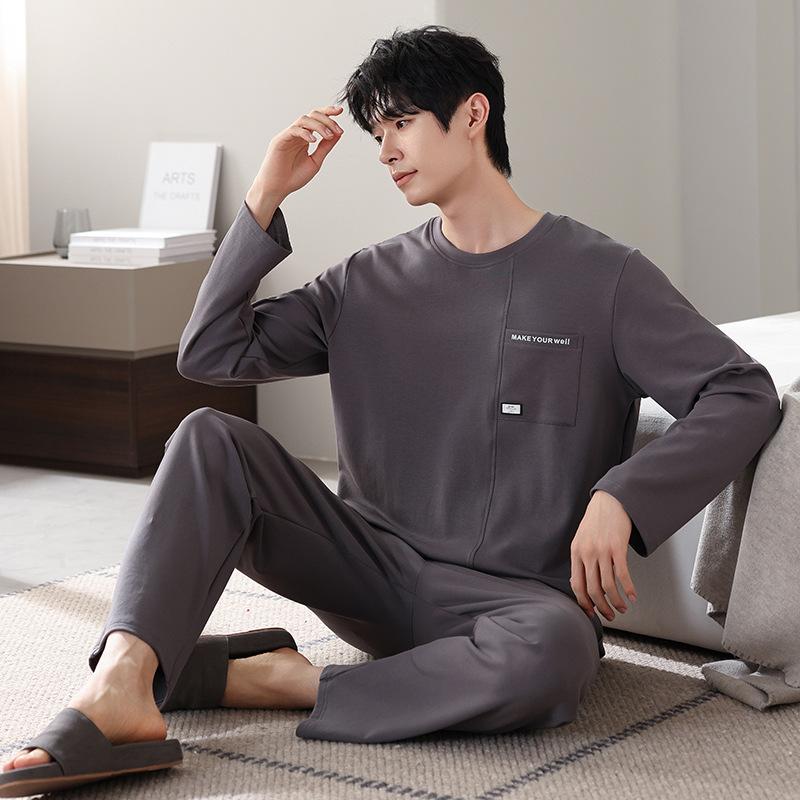 Pajamas Men'S Pure Cotton Long-Sleeved Spring And Autumn Casual Pullover High-End Simple Loungewear Large-Size Set