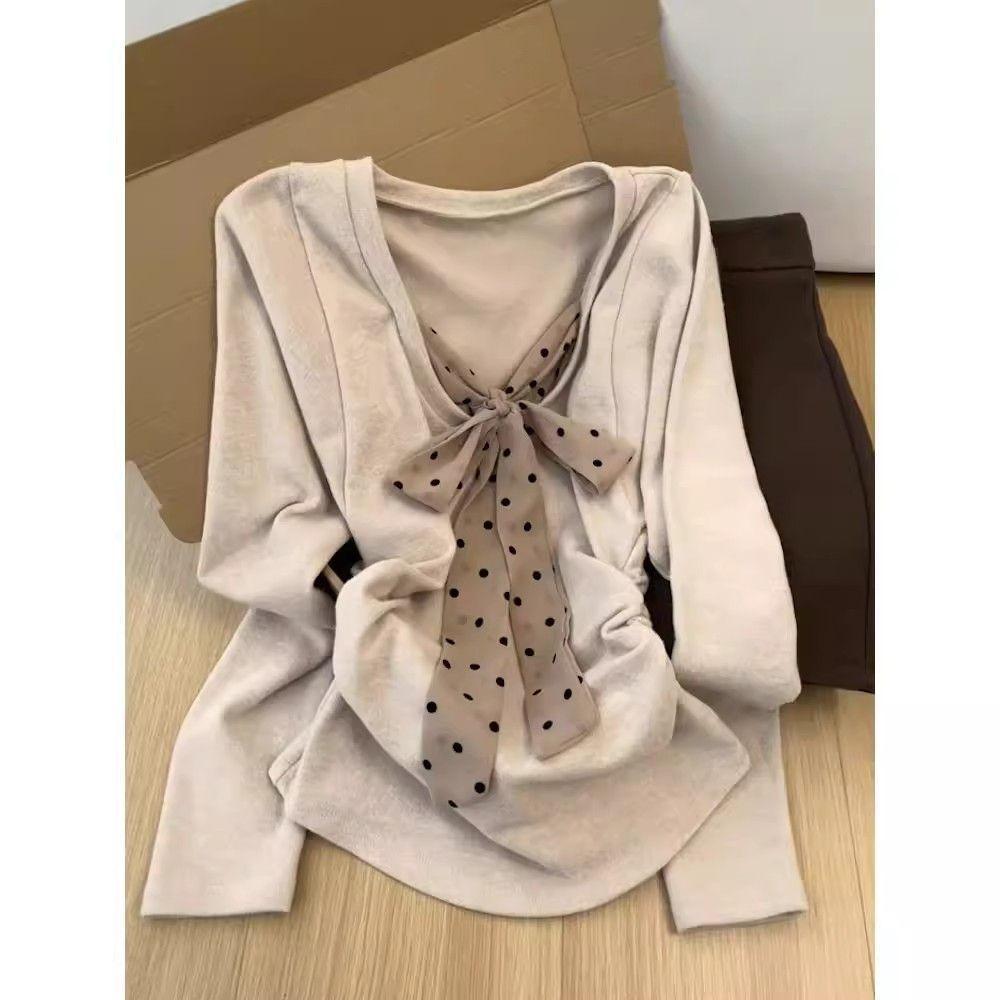 Women Polka Dot Bow V‑Neck Long Sleeve Top Ruched Slim Fit Casual Blouse