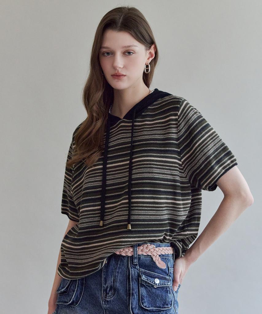MAXZA Multi-Stripe Short-Sleeve Hooded Knit
