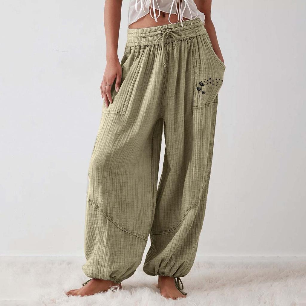 Женские модные свободные однотонные повседневные брюки с эластичной резинкой на талии и карманами