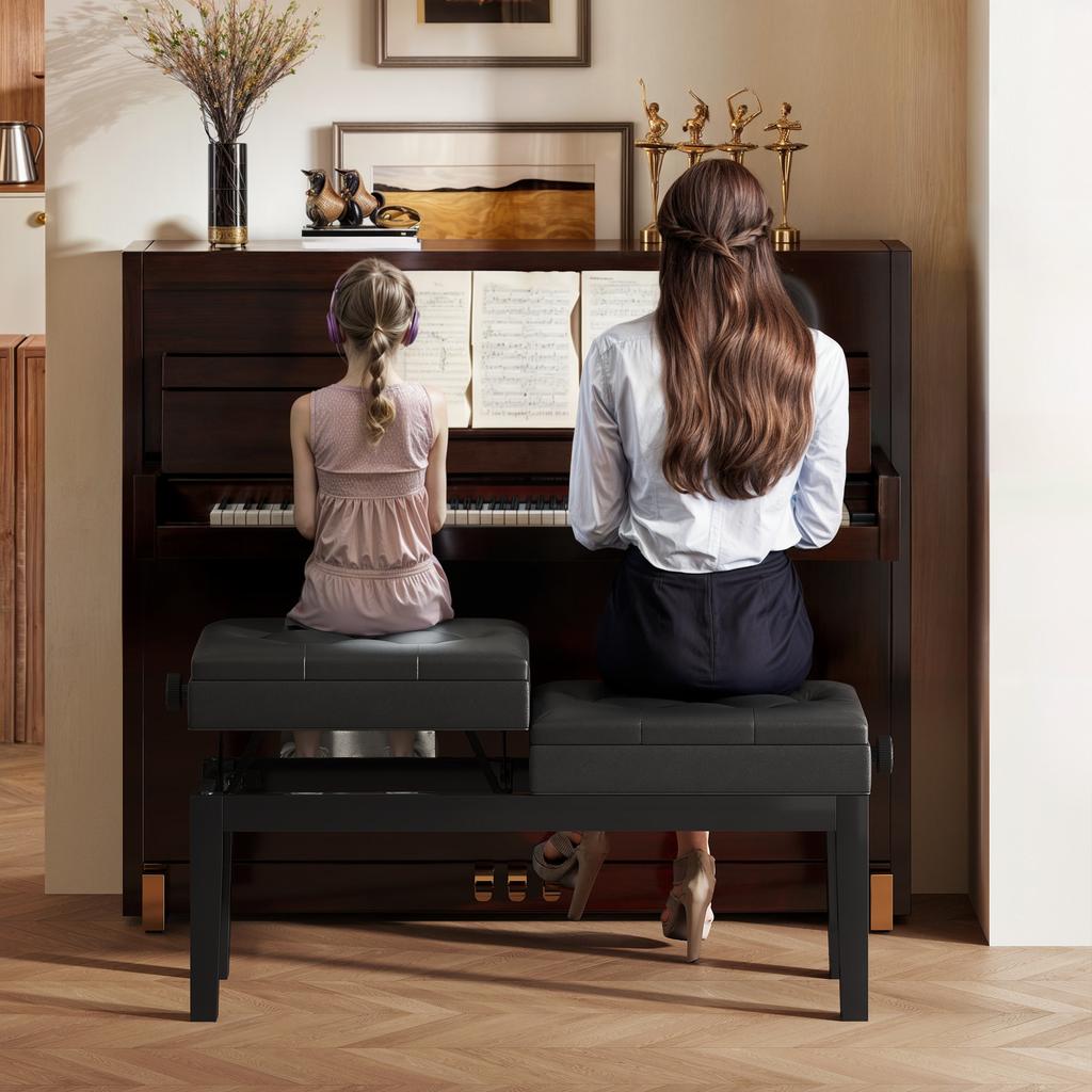 Piano Bench, Piano Stool, Faux Leather, Adjustable Double Seat, Storage, Black