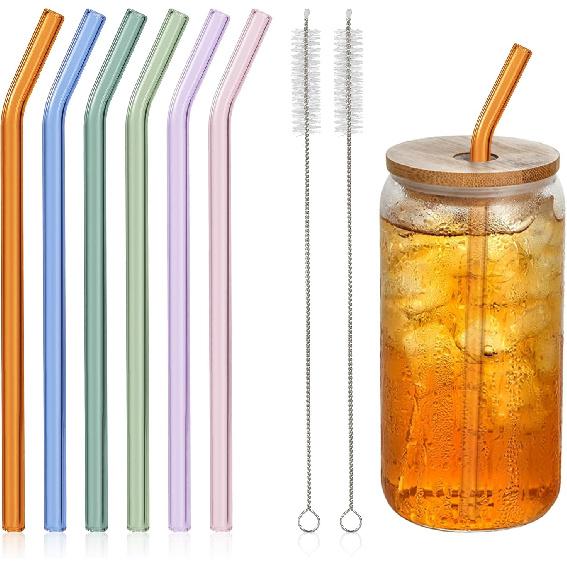 10 Pcs Reble Bent Glass Drinking Straws,9''x10 mm Colorful Glass Straws for Beverages, Shakes, Milk Tea, Juices,Set of 10 Bent with 2 Cleaning