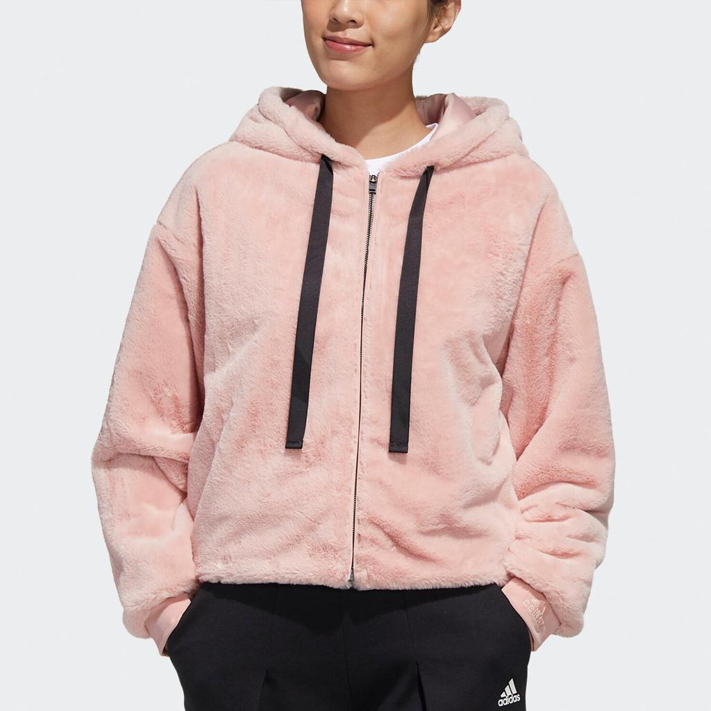 Adidas Originals Fashion Plush Fur Lined Hooded Casual Daily Outerwear Jacket Women Soft Pink GM1469