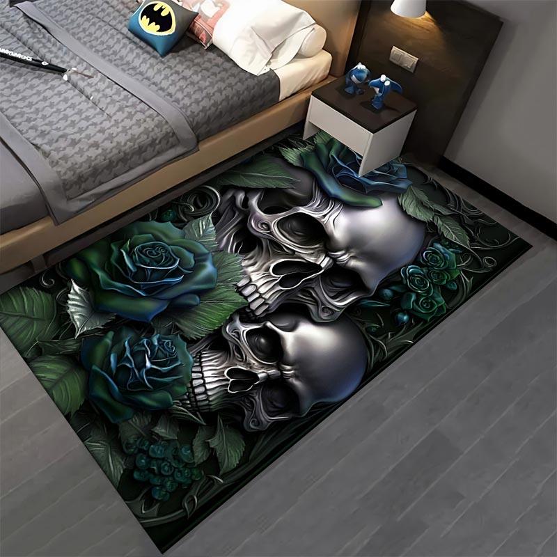Skull and Blue Rose Pattern Carpet with Dark Gothic Style Design Suitable for use as an anti-slip for living room bedroom sofas