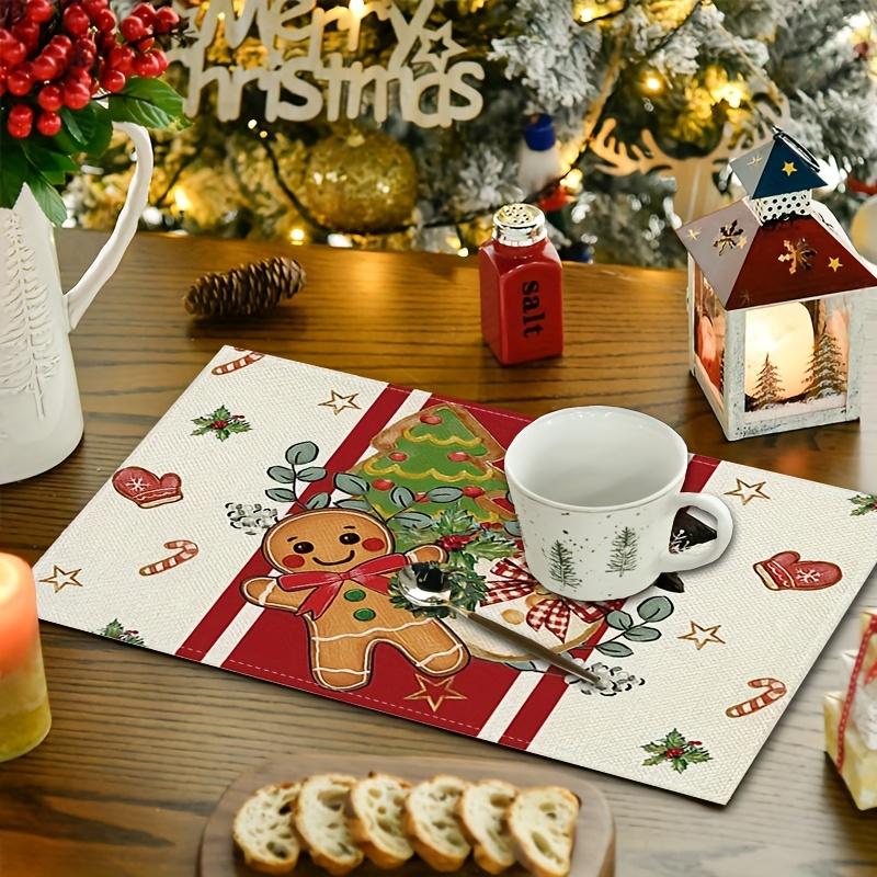 4/6pcs Snowman Gingerbread Man Christmas Placemats, Christmas Tree Cane Washable Linen Table Mats for Kitchen Dining Table Decor, Holiday Decor, Every