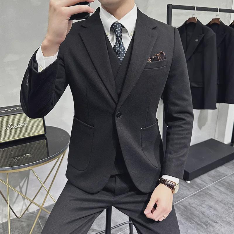 Men's Slim Fit Woolen Three-Piece Suit: One-Button, Autumn/Winter, Business/Wedding/Groomsmen.