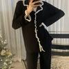 2 шт./комплект осень-зима женская пижама костюм с оборками отложной воротник однобортный длинный рукав кардиган топ широкие брюки пижамы повседневная одежда одежда