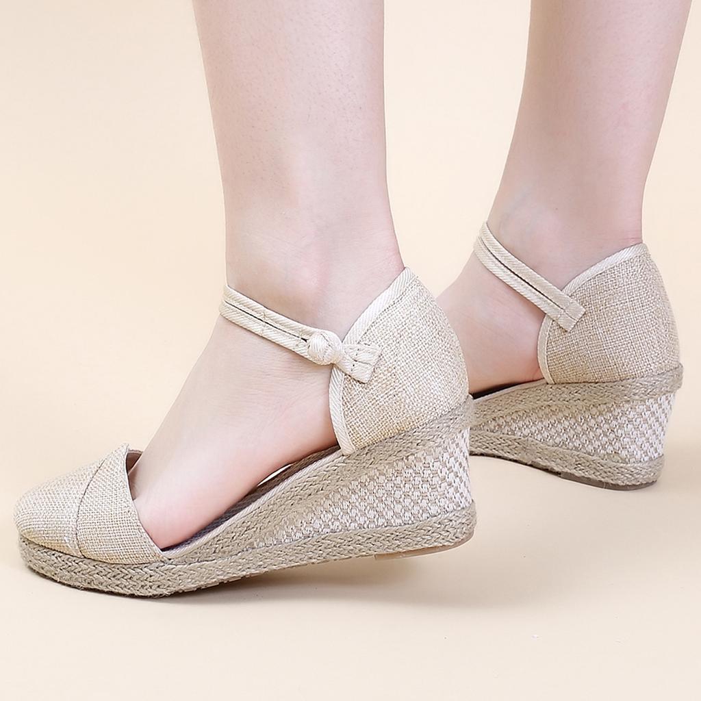 Womens Sandalias Wedges Comfortable Pointed Hemp Rope Weaving Casual Shoes