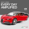 1:24-масштабная модель автомобиля Bugatti Chiron, игрушки для мальчиков, игрушки в возрасте от 3 до 12 лет, транспортные средства с откатным механизмом, музыкальными дверями и открывающимся капотом