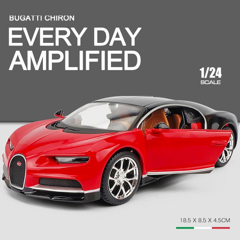 1:24-масштабная модель автомобиля Bugatti Chiron, игрушки для мальчиков, игрушки в возрасте от 3 до 12 лет, транспортные средства с откатным механизмом, музыкальными дверями и открывающимся капотом