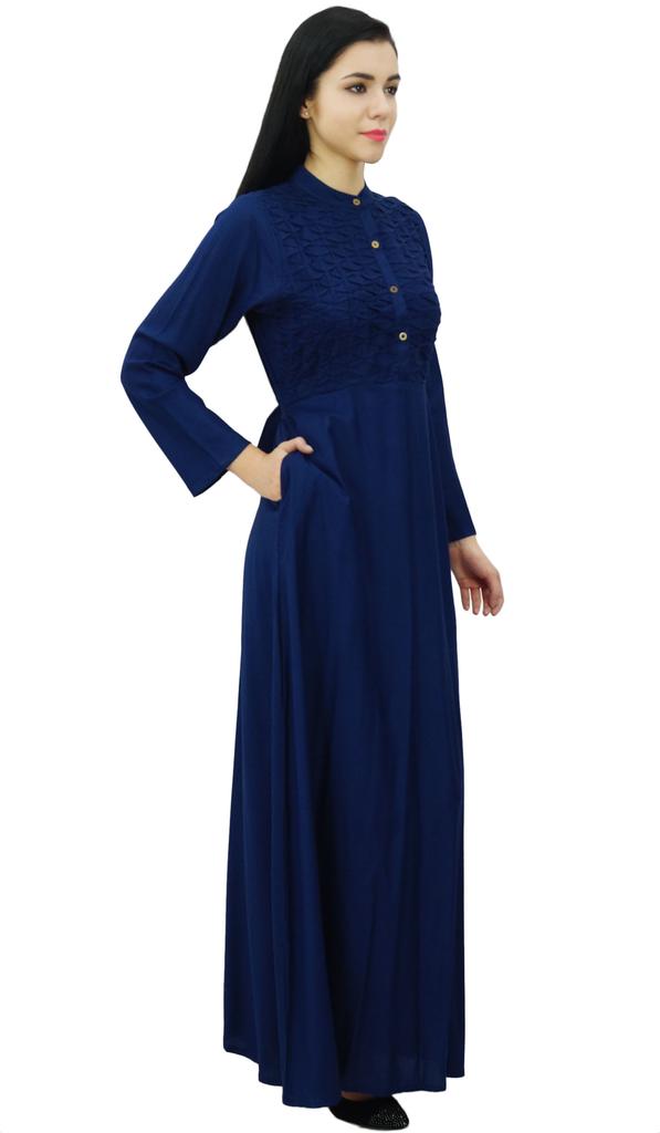 Bimba Женское черное платье-джильбаб с воротником-стойкой и карманами, длинный рукав-10