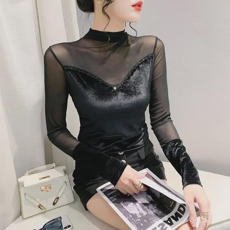 Осенняя приталенная футболка с бисерной лоскутной отделкой, полувысоким воротником и длинными рукавами для женщин