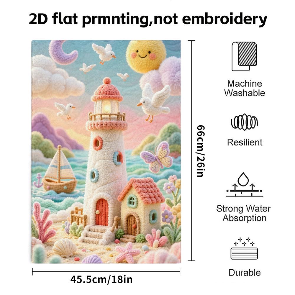 Crochet Lighthouse Seaside Print Towel, Quick Dry Absorbent Bath Towel for Bathroom