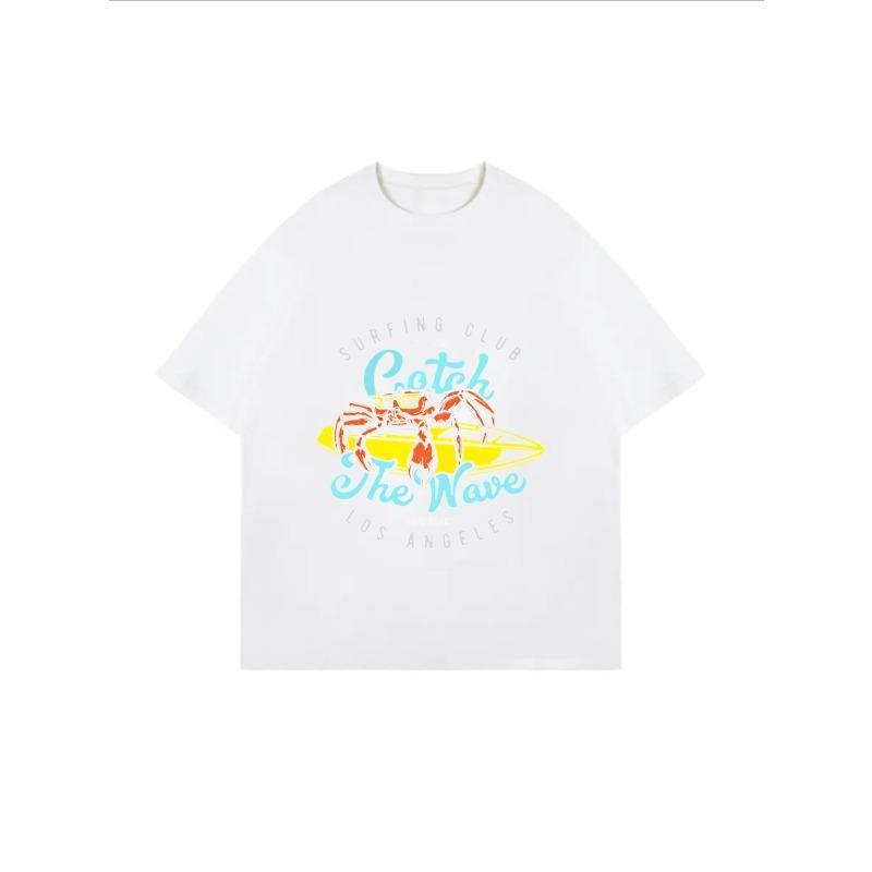 Белая Оверсайз Футболка С Принтом Краба и Серфборда Текст Catch The Wave Для Летнего Пляжного Повседневного Ношения
