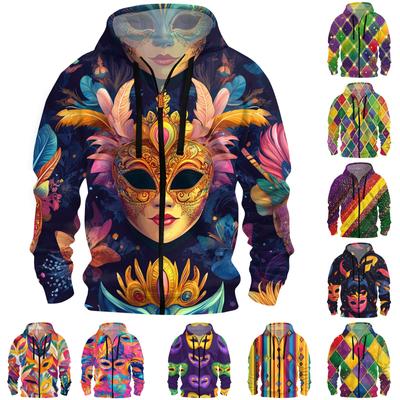 Мужская спортивная повседневная флисовая толстовка с капюшоном с карнавальным принтом, кардиган с капюшоном на молнии и множеством карманов, пальто с капюшоном