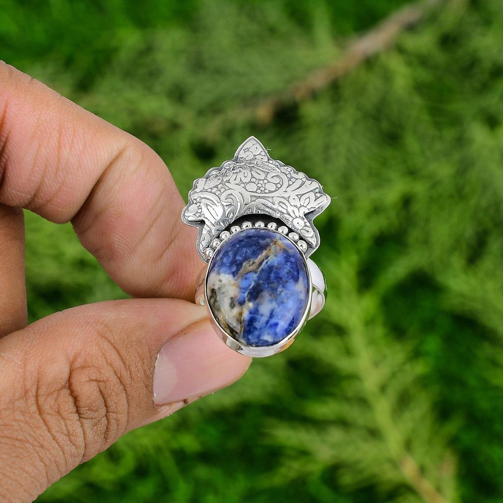 925 Silver Oval Sodalite Gemstone Statement Sister Promise Third Eye Chakra Ring