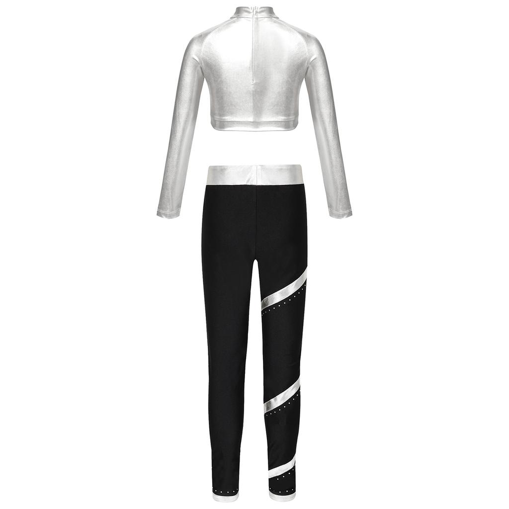 Girls Figure Skating Outfit Mock Neck Long Sleeve Sequin Shiny Crop Top Metallic Striped Pants Dance Costume