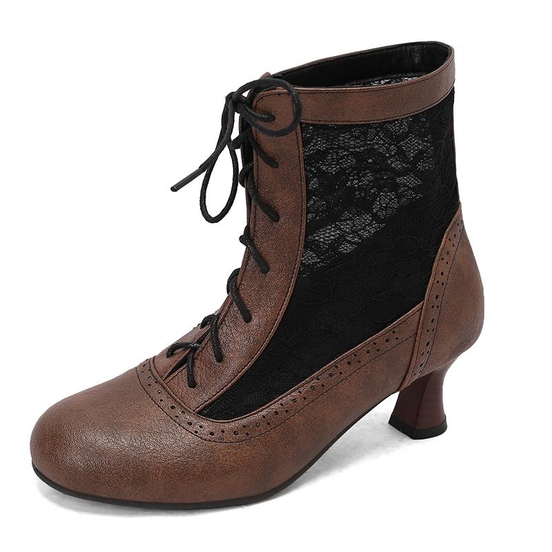 Ретро Косплей Летние Ботинки Женские Лоскутные Сетчатые Туфли Весна Кожа Виктория Массивный Каблук-рюмочка