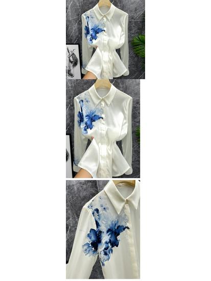 2024 Artistic Ink Wash Oil Print Satin Shirt: Long-Sleeved, Fashionable Temperament Top