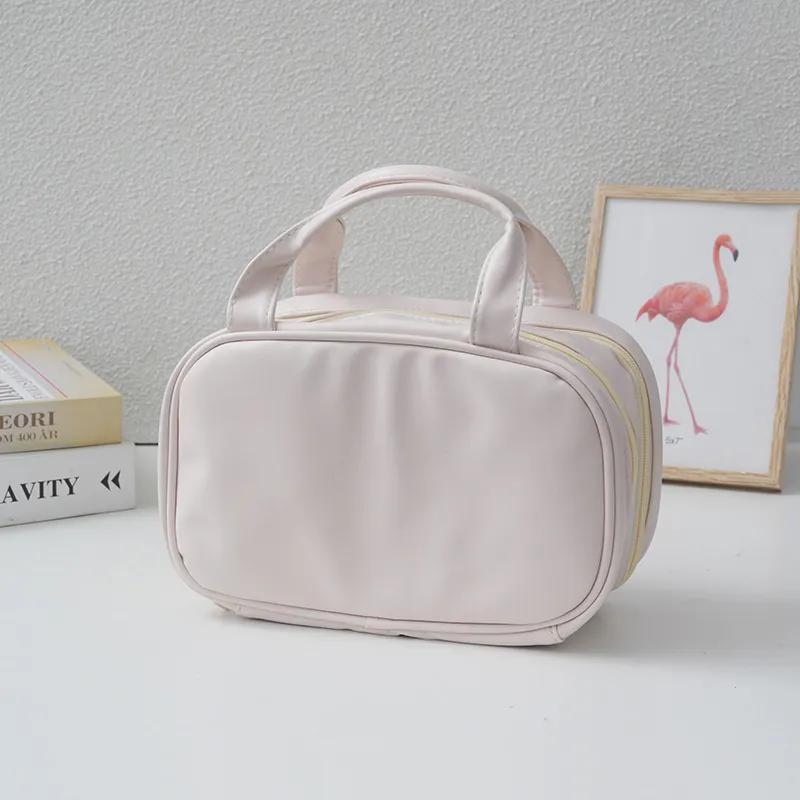 WTEMPO Простые однотонные большие емкости с двойной молнией из искусственной кожи косметички повседневные дорожные чехлы для хранения косметики из искусственной кожи