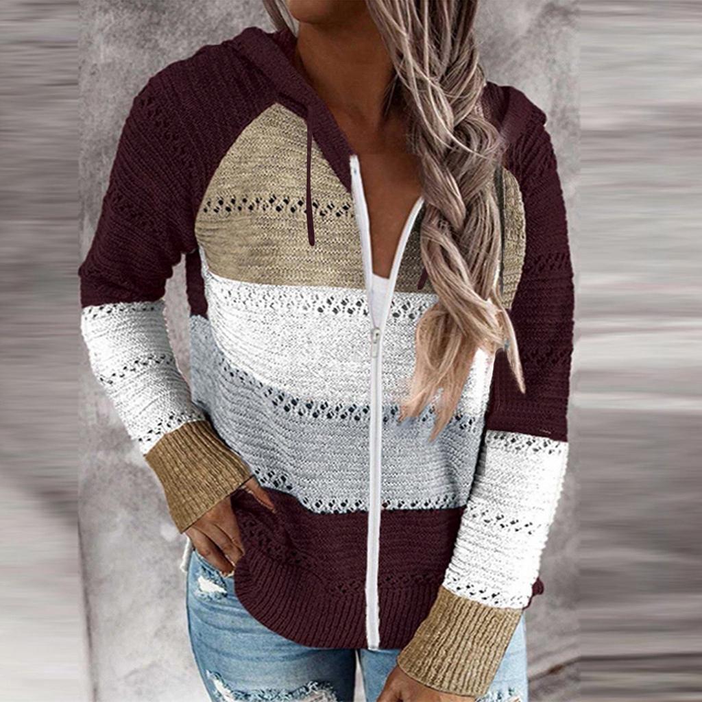 Womens Zip Up Color Block Hoodie Sweaters Long Sleeve Cardigan Sweatshirts
