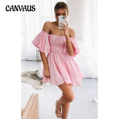 Женские сексуальные платья с одним вырезом без бретелек, рукавами-пузырями, эластичной талией, свежие, сладкие, свободные платья