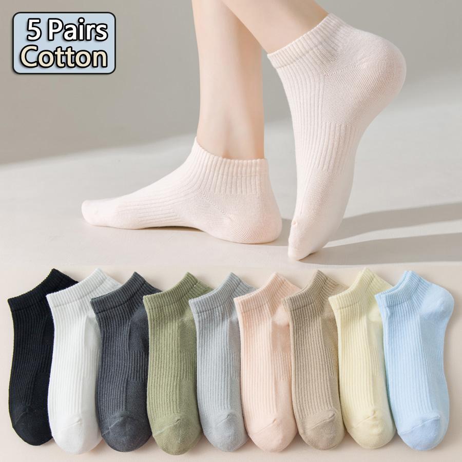 5Pairs Women's Low Tube Cotton Socks Candy Colored Summer Breathable Boat Socks Delicate Soft Comfortable Solid Versatile Sock