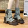 Модные парусиновые ботильоны женские 2024 осень массивный каблук толстые подошвы платформы сапоги дышащие ковбойские сапоги до середины икры для женщин