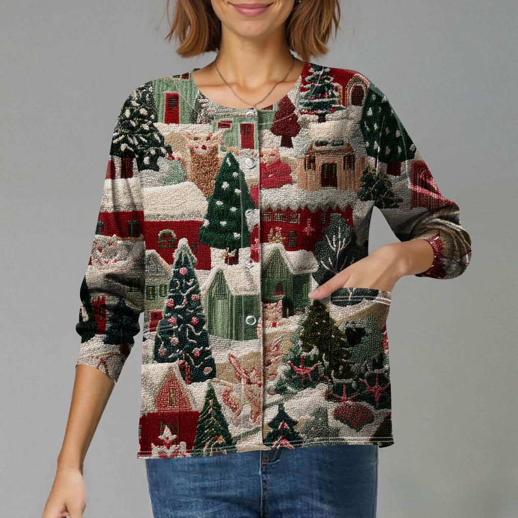 Women's Casual Long-Sleeved Single-Breasted Christmas-Themed Print Cardigan