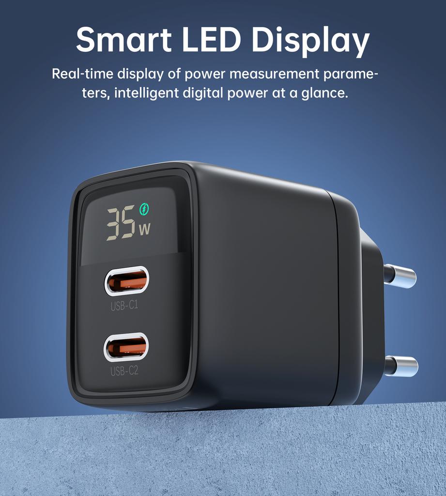 Сетевое зарядное устройство Choetech PD6051 35 Вт GaN USB-C с дисплеем – Черное