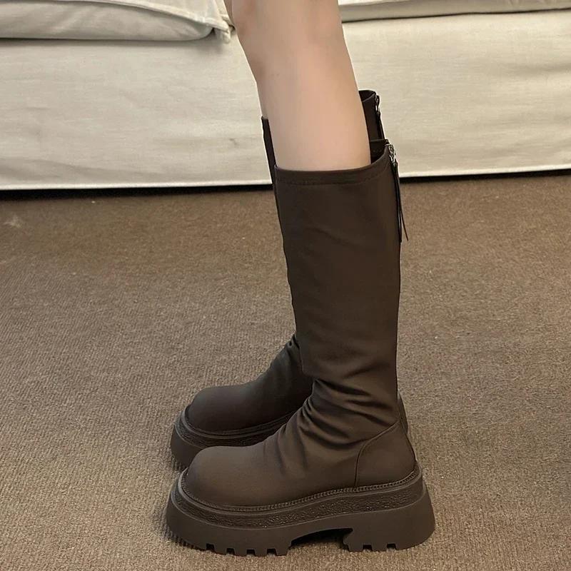 Мода Новые женские сапоги на платформе до колена Модные длинные сапоги с застежкой-молнией сзади Рыцарь Осенне-зимние женские туфли на толстом каблуке