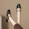 Mary Jane Single Shoes Women's Small Fragrant Style Black and White Apricot Splicing Medium Heel Thick Heel Shoes Women's Sandals One Word Belt Shoes
