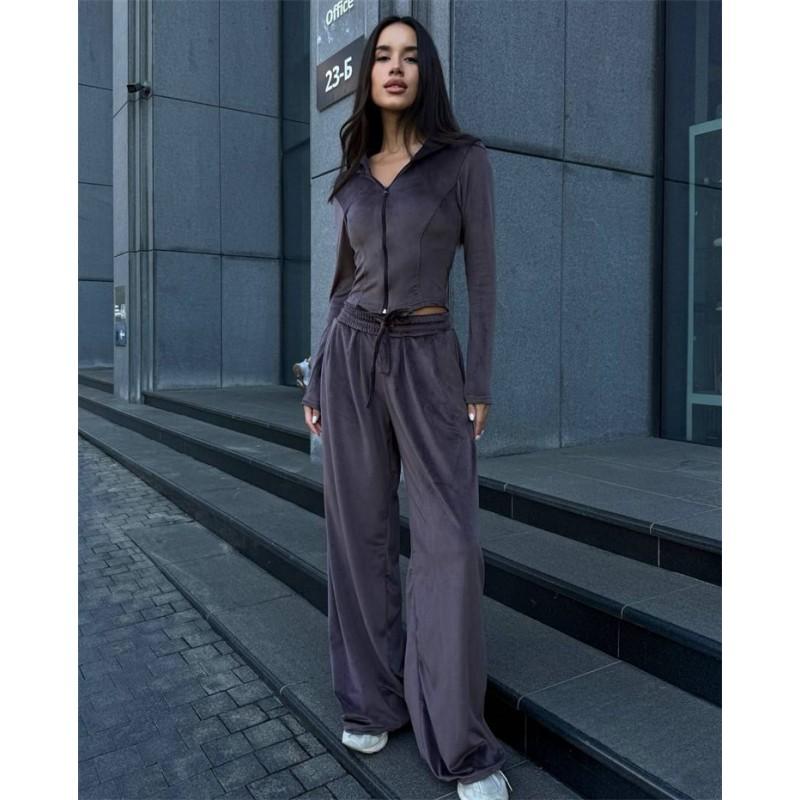 Womens Solid Color Long Sleeve Zip-Up Hooded Cardigan With Drawstring Wide Leg Pants Set Casual Streetwear Outfit