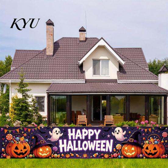 Holiday Home Decor Props Halloween Fence Banner, 118 x 20 Inch Large Yard Sign Banner Flag, Scary Spooky Theme Backgrounds Party Backdrop Hanging