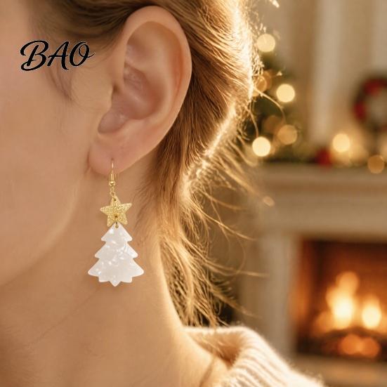 Gift for Her on Christmas 1 Pair Tree Earrings, Glitter Acrylic Star Xmas Shape Party Fashion Accessories Dangle Holiday Festive Jewelry New