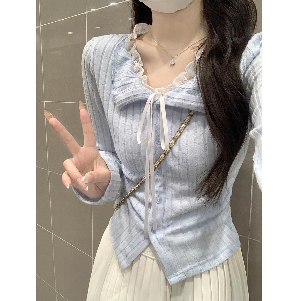 Snowflake Stripe Brushed Blue Lace Two-Piece Long Sleeve T-Shirt - Women's Autumn Short Style